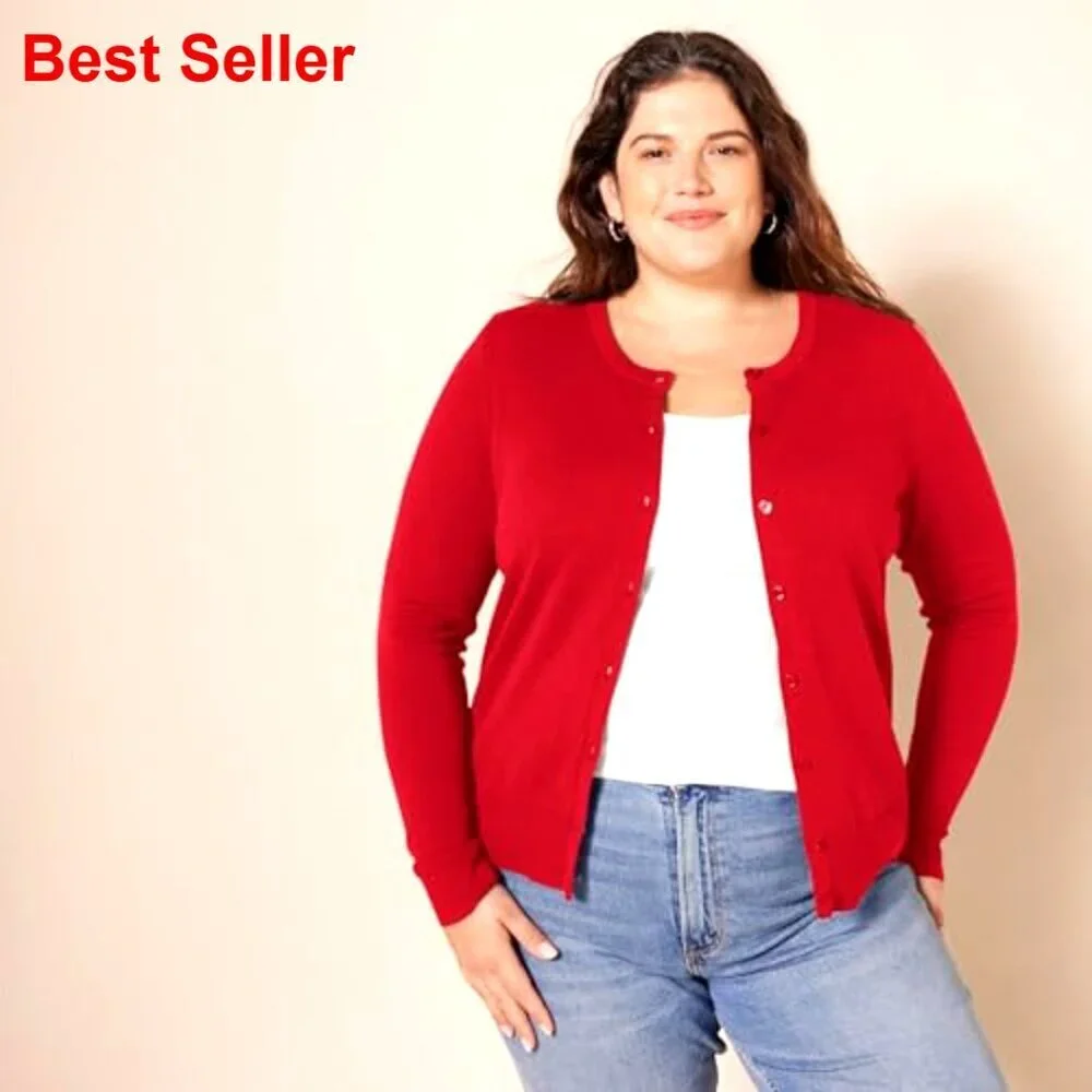 Lightweight Crewneck Cardigan Sweater, Plus Size, Cotton Blend, Button Front